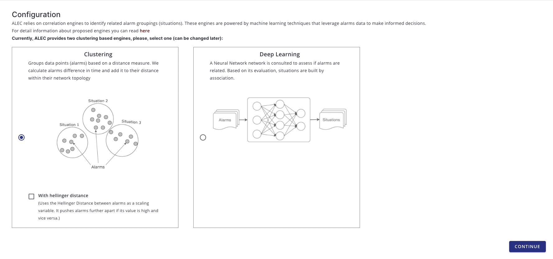 Correlation engine selection prompt; includes details about the Clustering and Deep Learning correlation engines