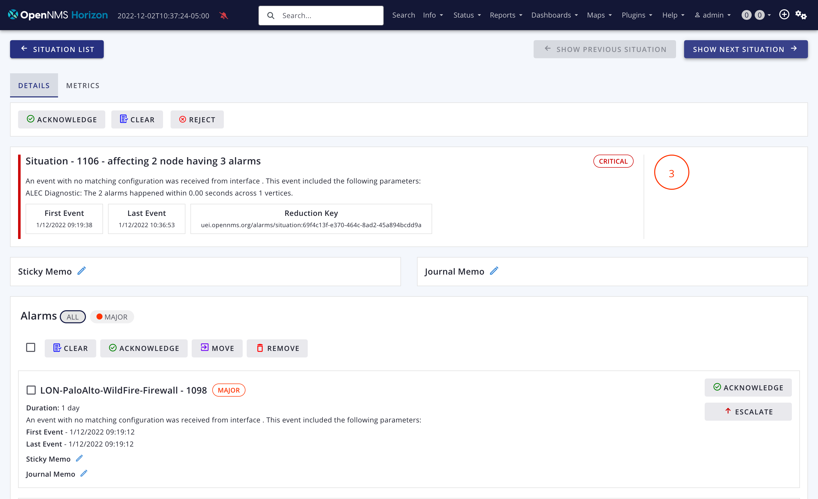 Situation details page for a critical situation that affects two nodes