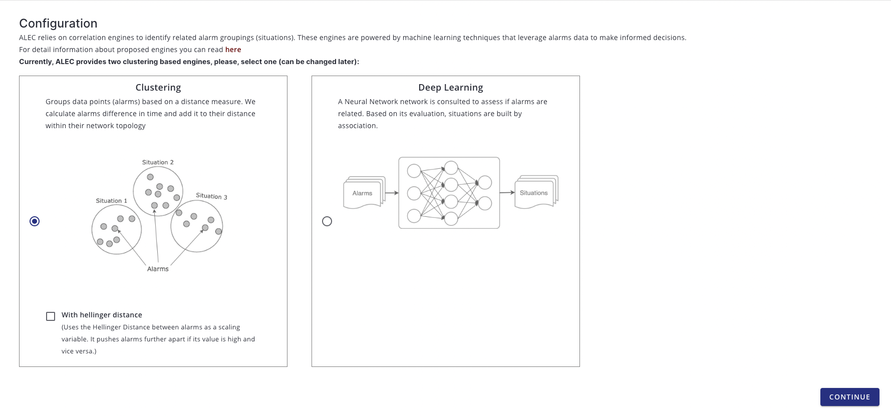 Correlation engine selection prompt for the ALEC clustering engine