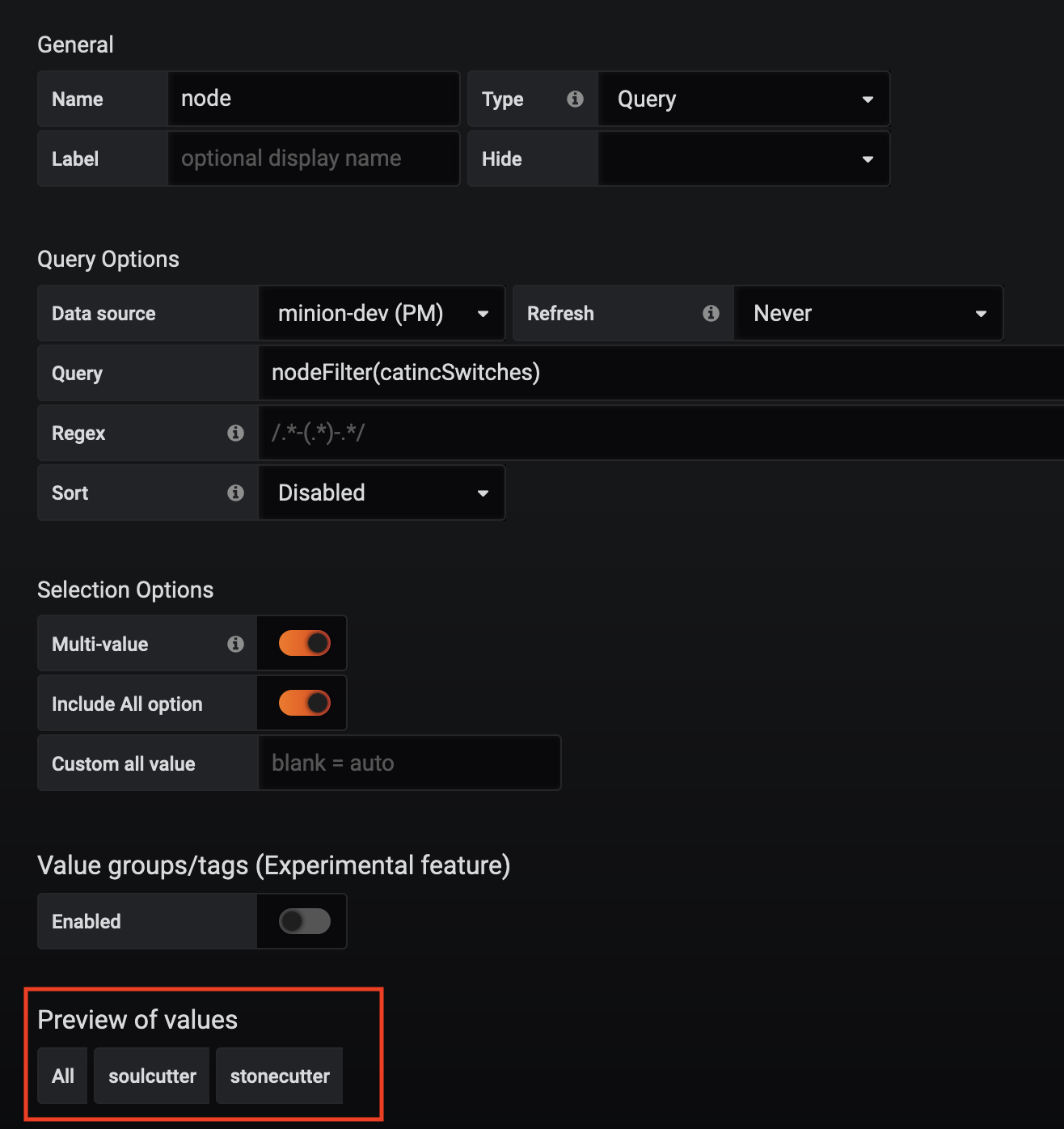 Example configuration settings for a new variable. The Preview of Values section is outlined in red.