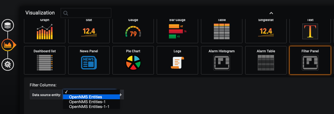 OpenNMS Plugin for Grafana Choose Visualization page. The filter panel type is selected, and the OpenNMS Entities datasource is highlighted.