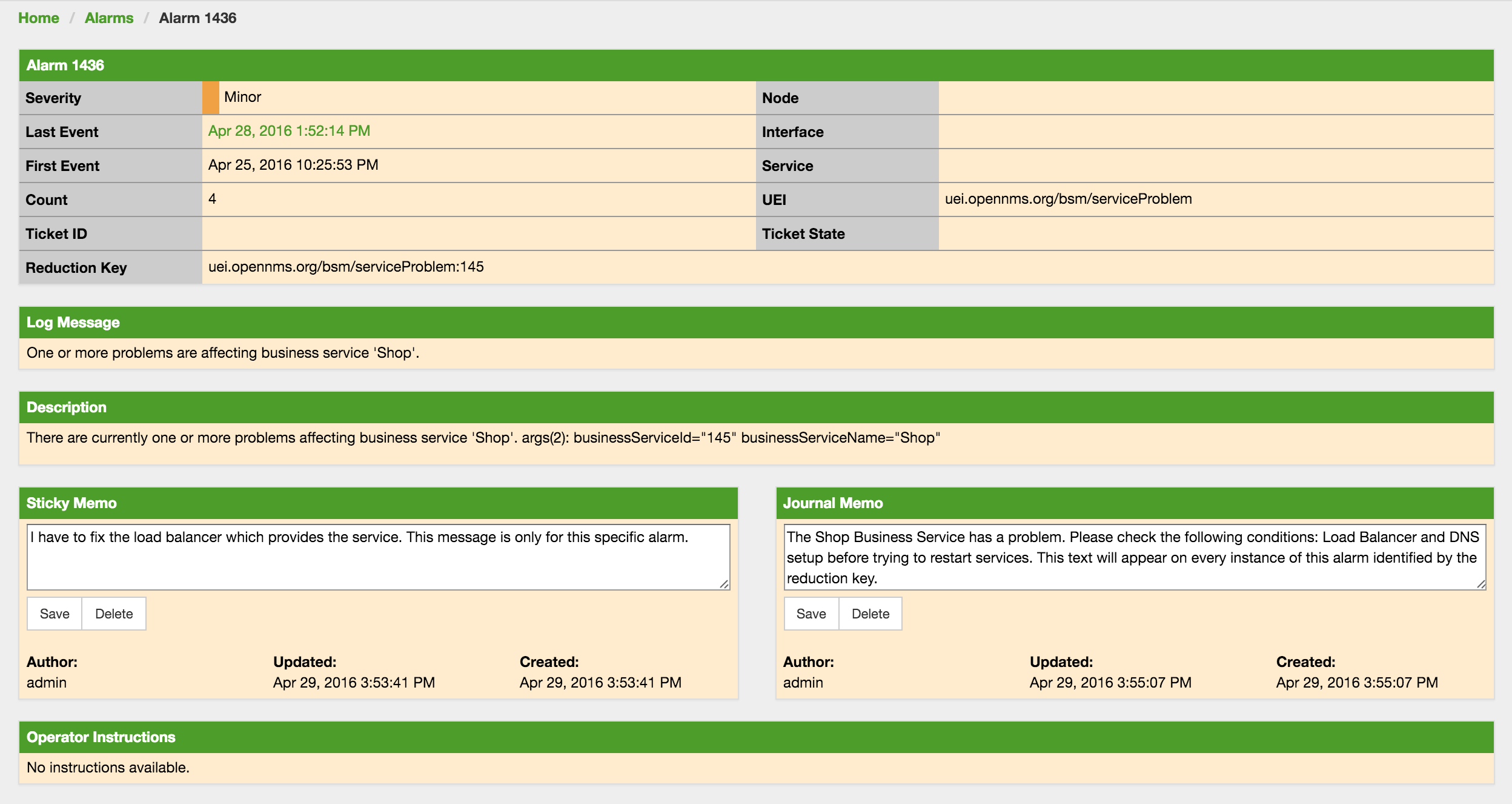 Alarm Details page displaying sample notes in the Sticky Memo and Journal Memo boxes