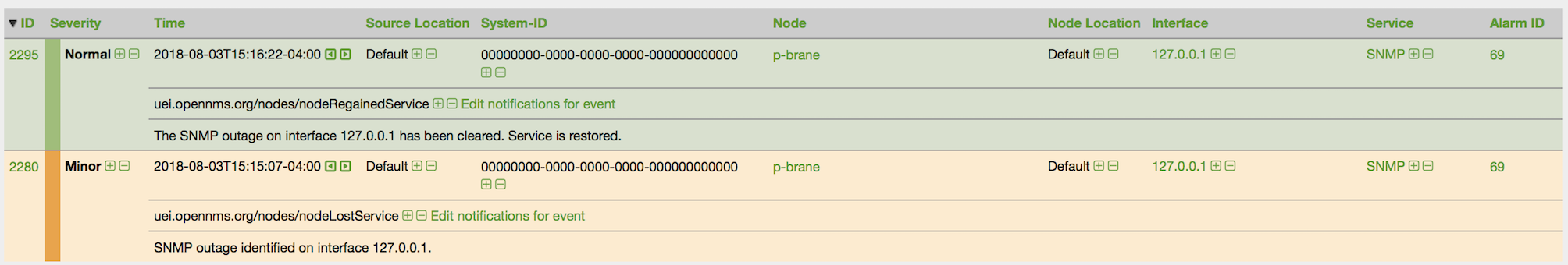 Alarm Details page displaying one service down event and one service restored event