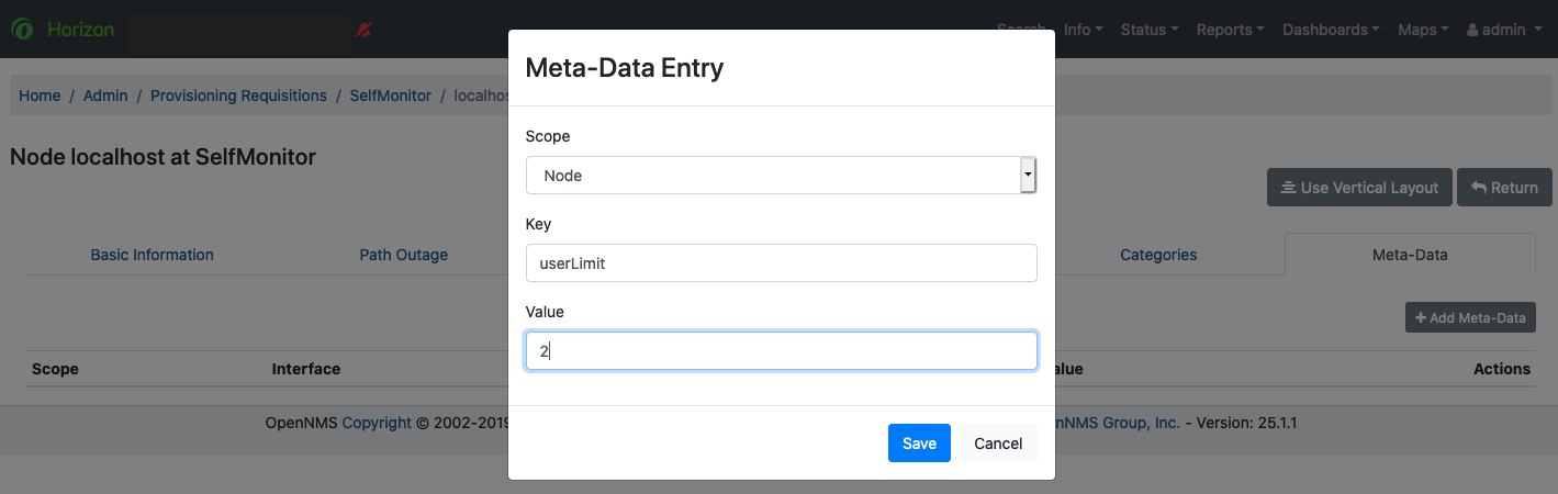 Horizon UI displaying the Meta-Data Entry page with example parameters