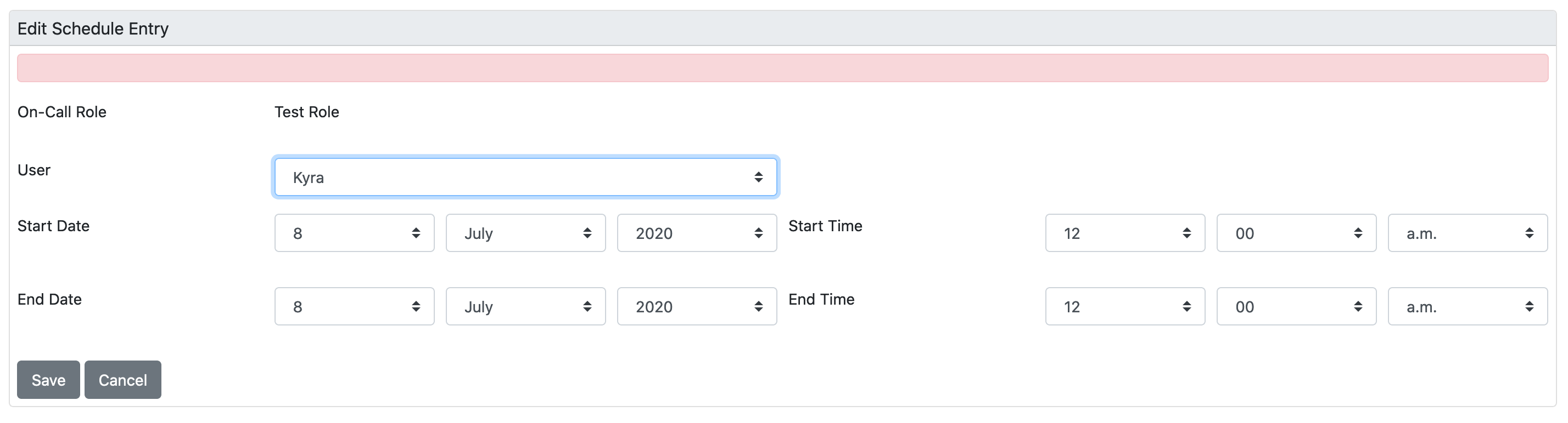 Example on-call schedule settings for a single user