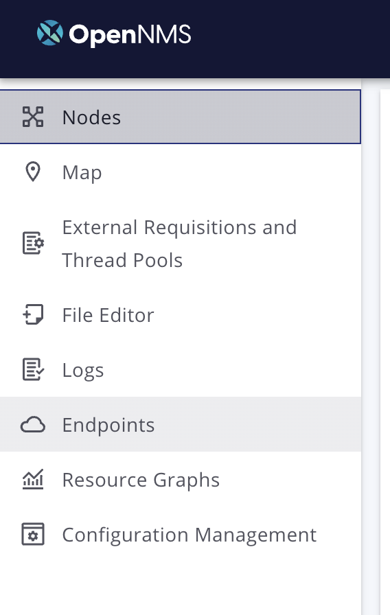 OpenNMS navigation sidebar. Endpoints is highlighted.