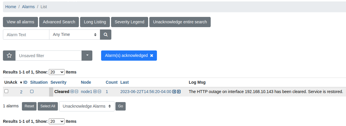 Cleared alarm of an HTTP outage in the alarm overview