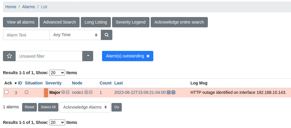 Escalated alarm of an HTTP outage in the alarm overview
