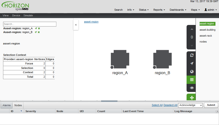 Horizon UI displaying the Regions layer of a topology graph