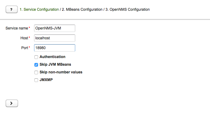 JMX connection configuration page with example configuration settings.