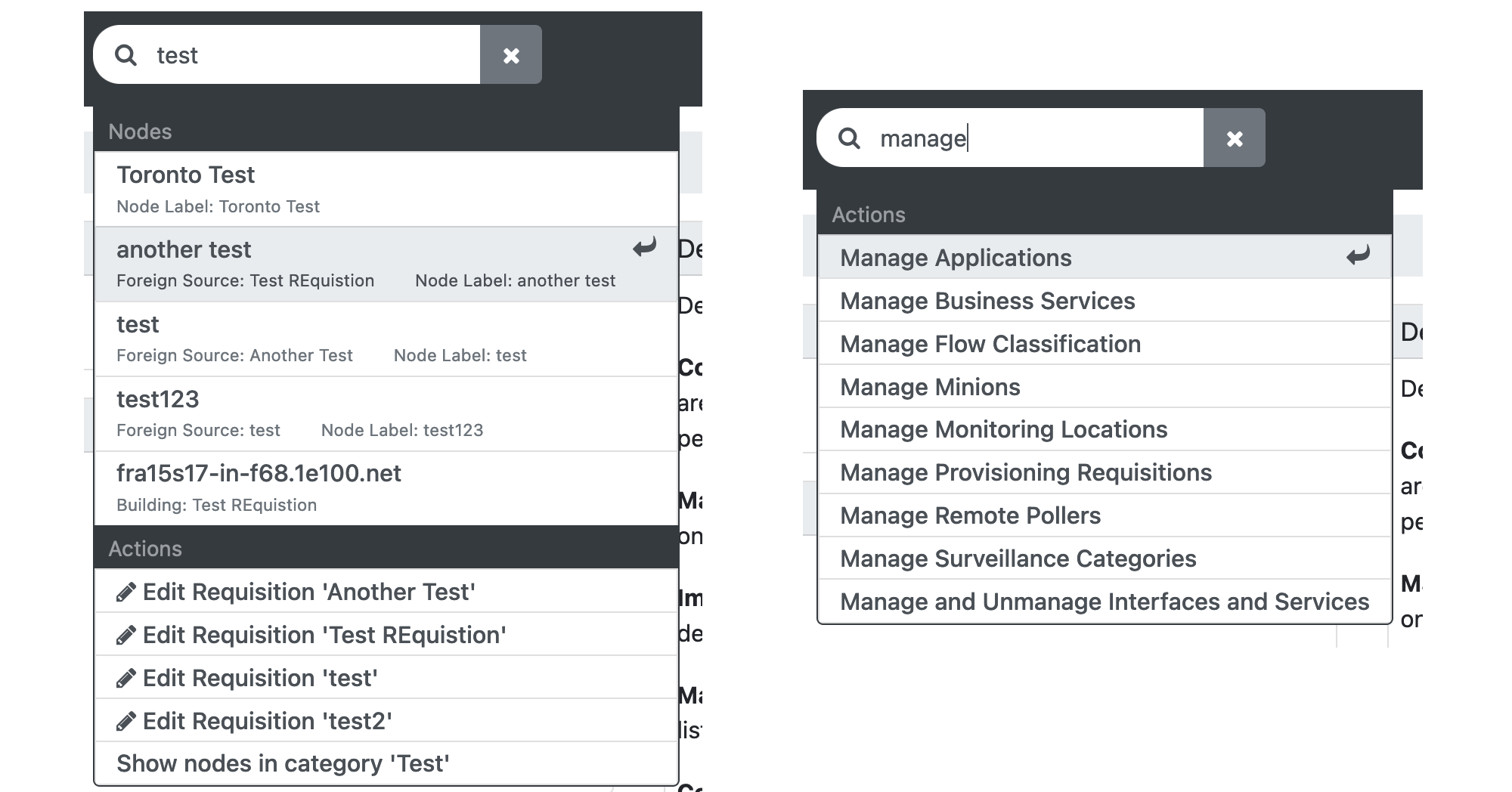 Horizon UI showing two examples of search results. The first shows related nodes and actions, and the second shows only related actions.