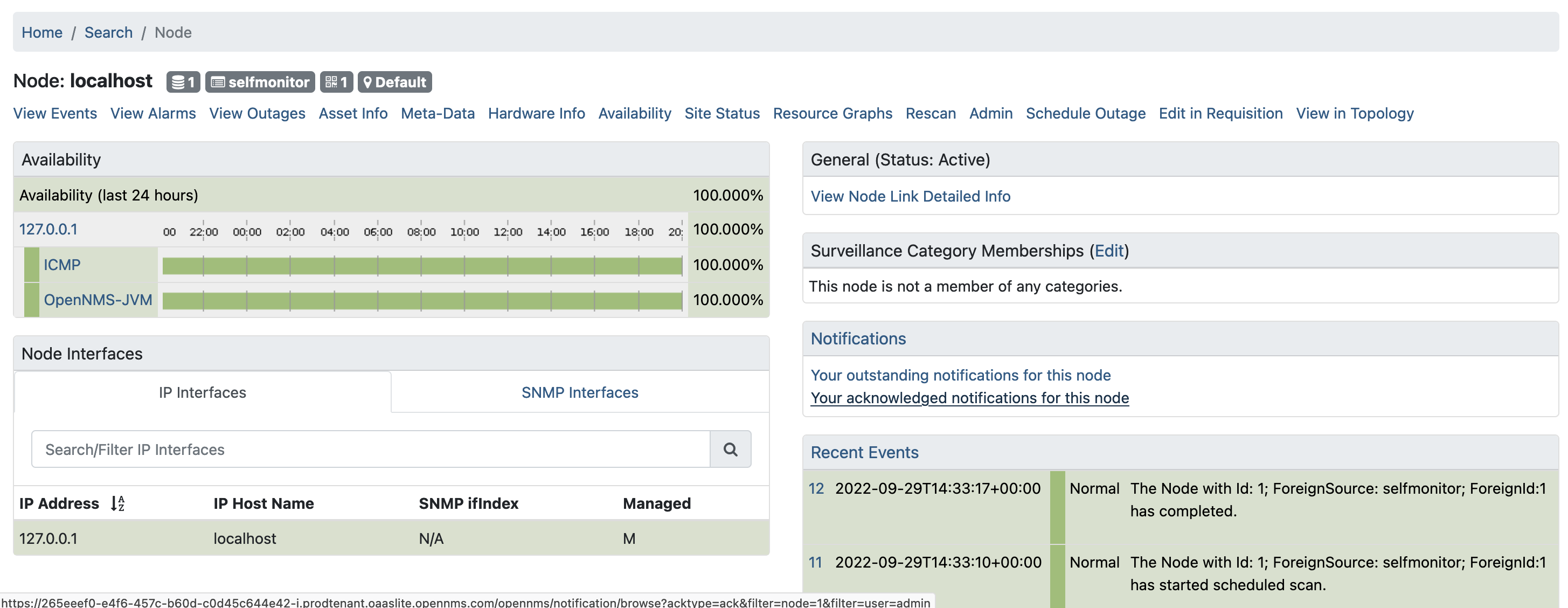 Horizon dashboard displaying service availability statistics for the localhost node