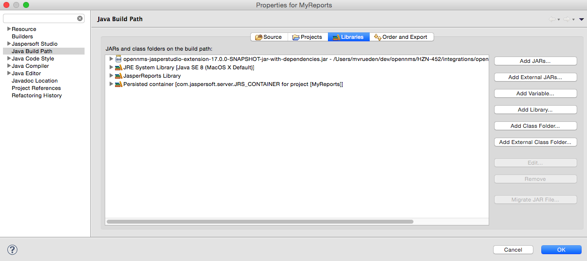 Project Explorer UI displaying the Properties dialog with the external JAR configured.