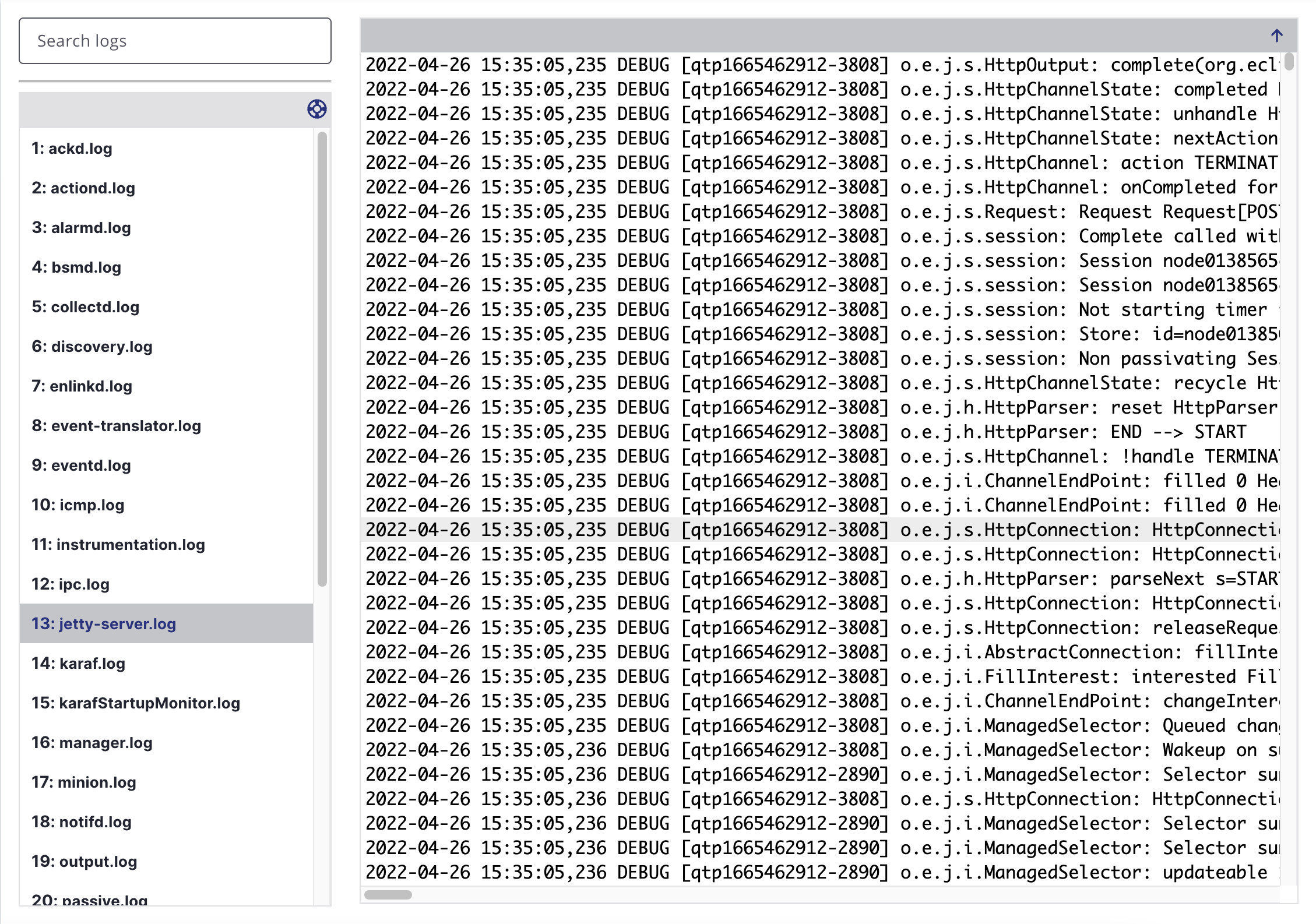 Horizon UI displaying the log file viewer.