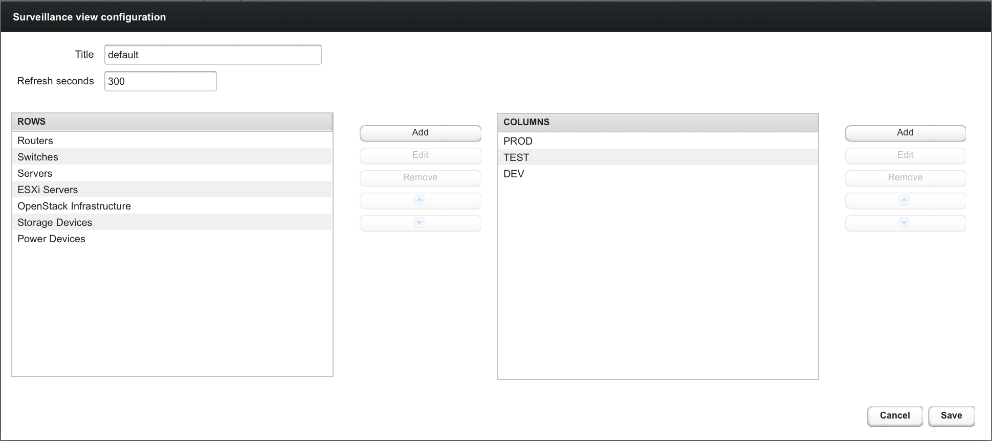 Surveillance view configuration page showing a list of rows and columns that can be added to the view.