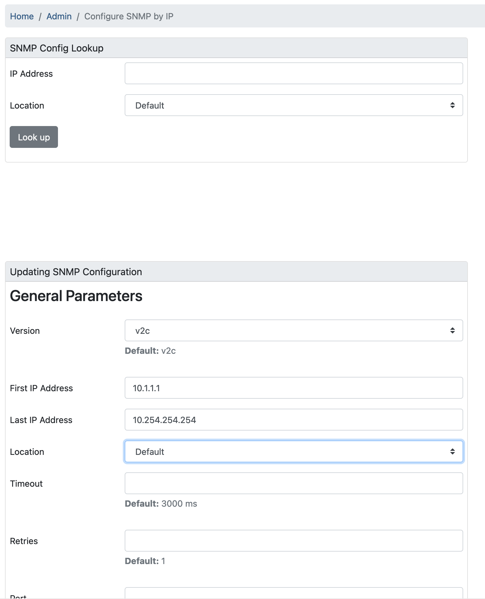 SNMP community name configuration page with example IP address and location settings