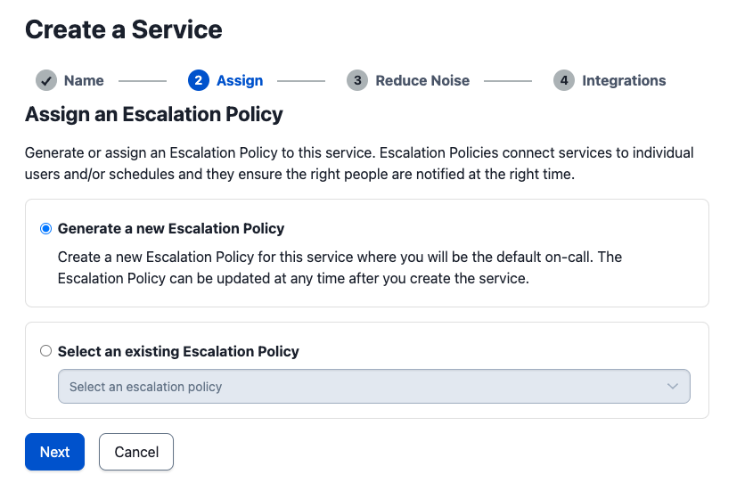 PagerDuty set escalation page. Generate a new escalation policy selected.