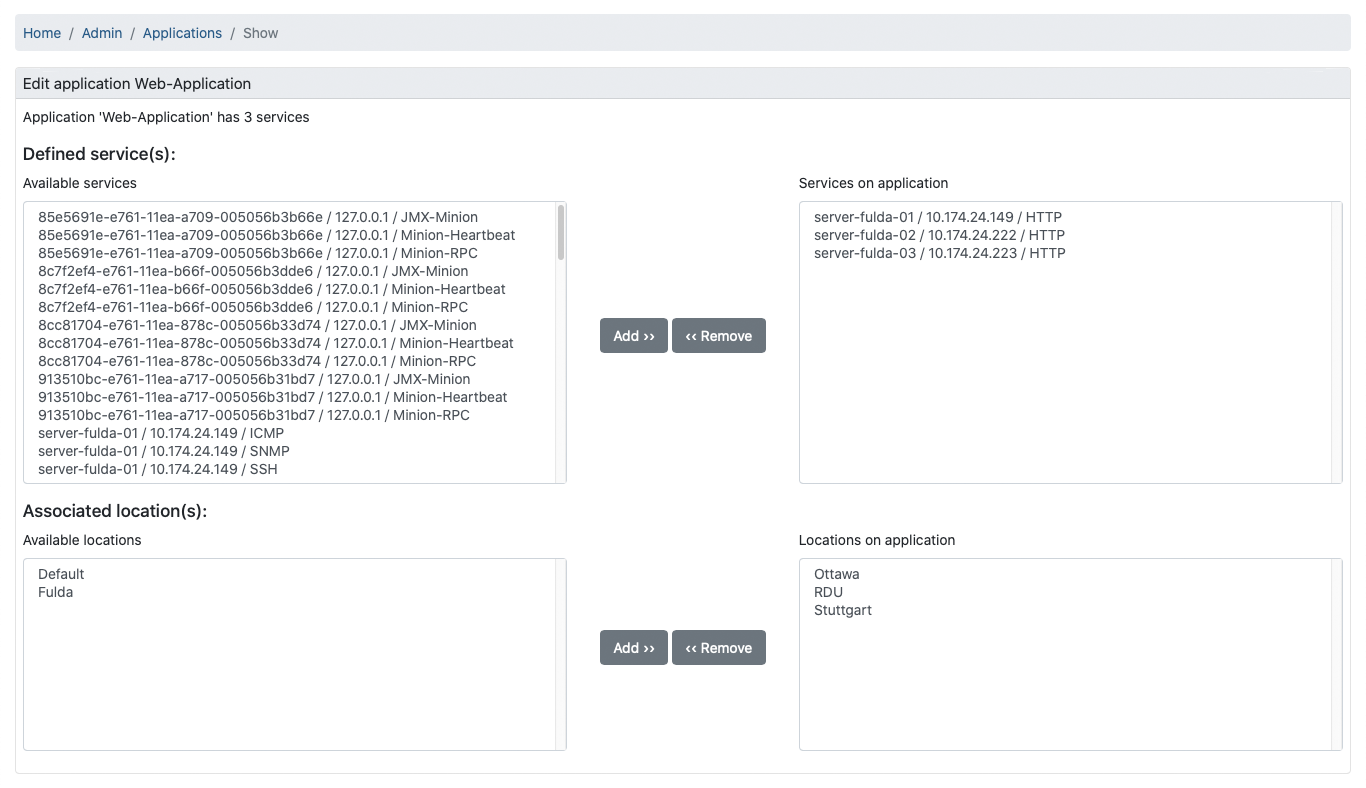 Example of a configured application, including services and locations for perspective monitoring