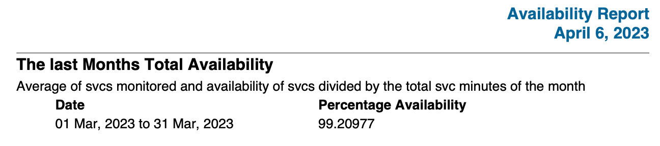 Example of the seventh page of a default classic report. A table of availability statistics over the previous month is displayed.