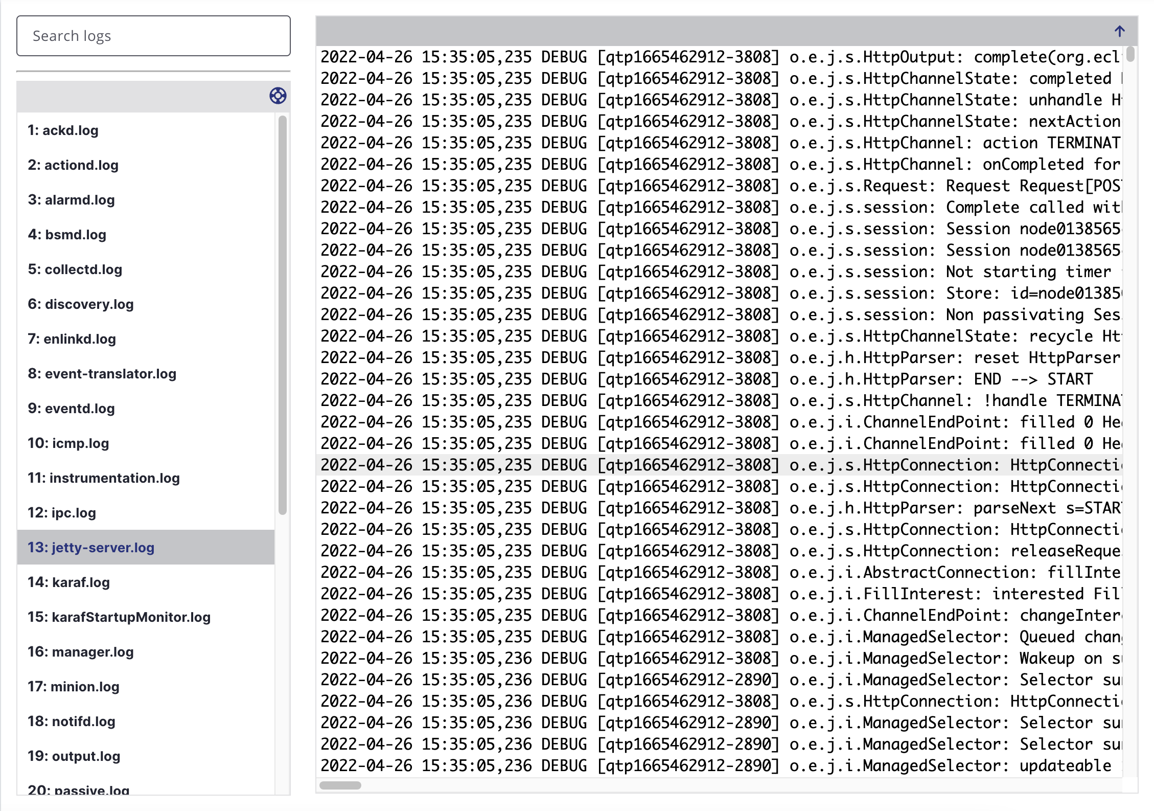 Meridian UI displaying the log file viewer.