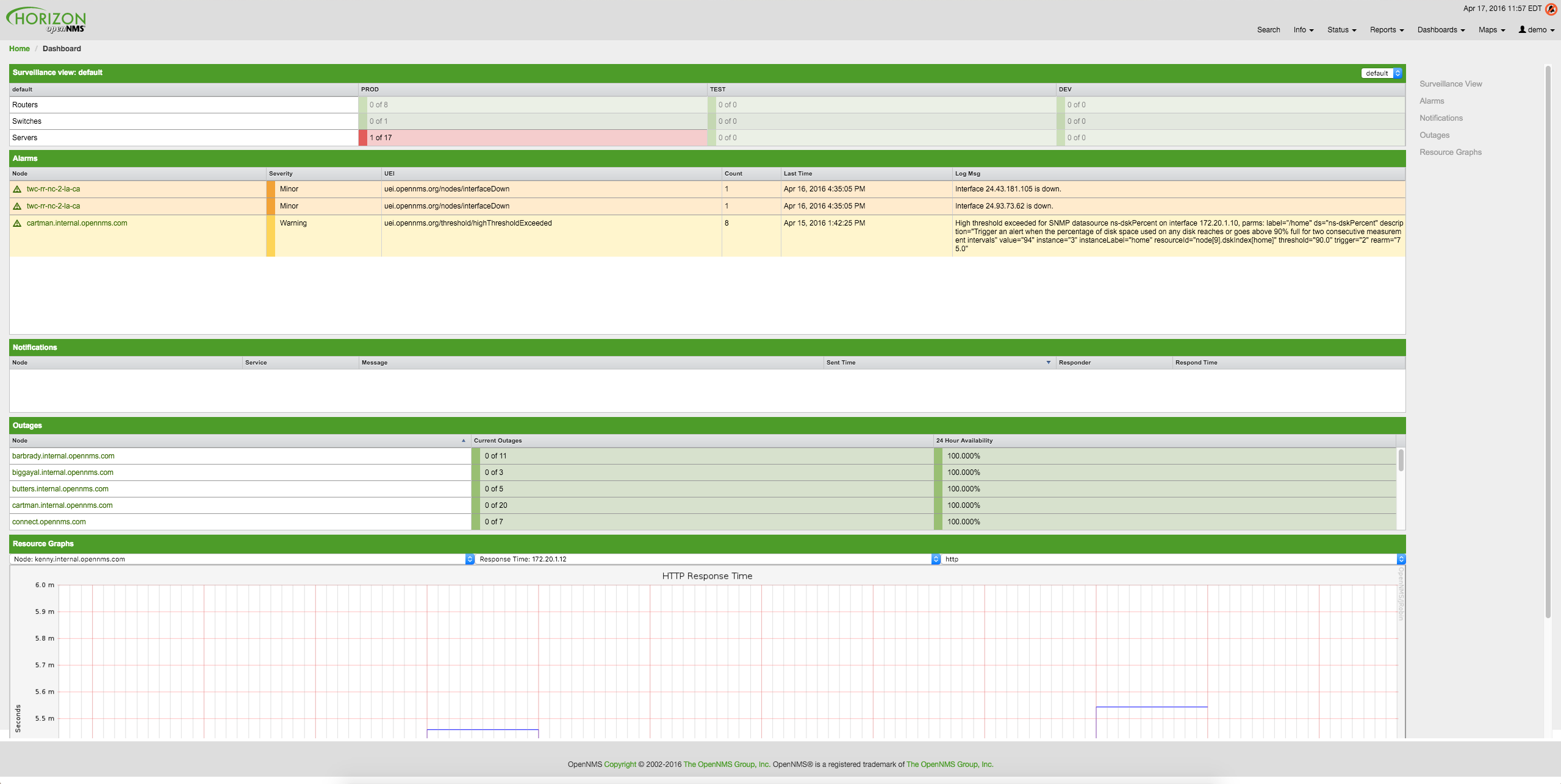 Meridian UI showing a dashboard with a configured surveillance view. It displays an ongoing outage.