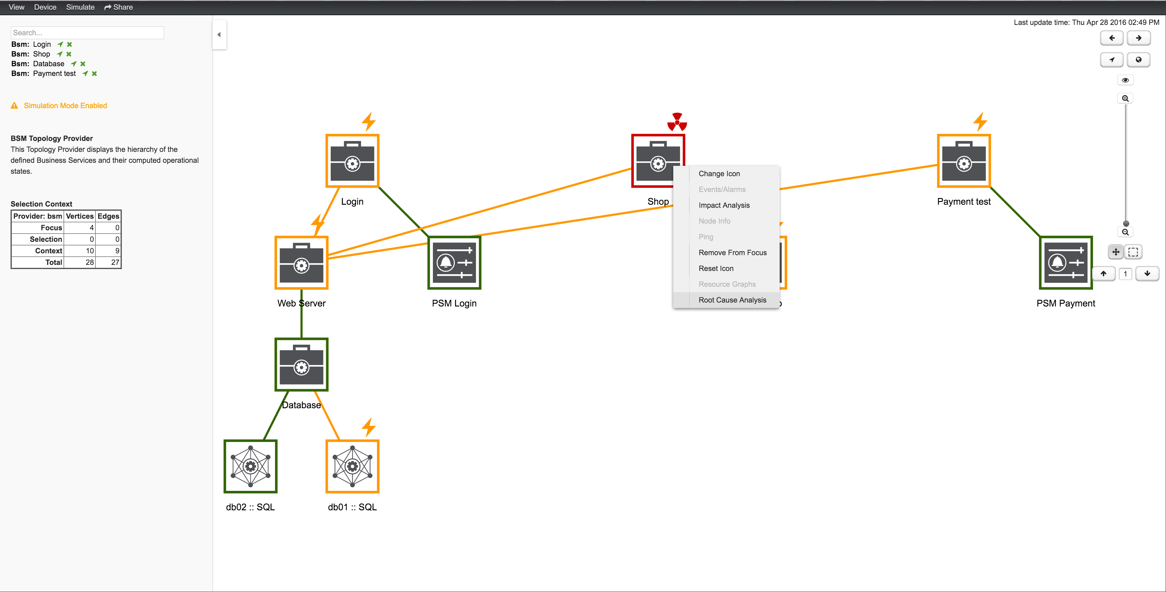 Meridian UI displaying the topology map, with a context menu overlaid. Root Cause Analysis is highlighted.