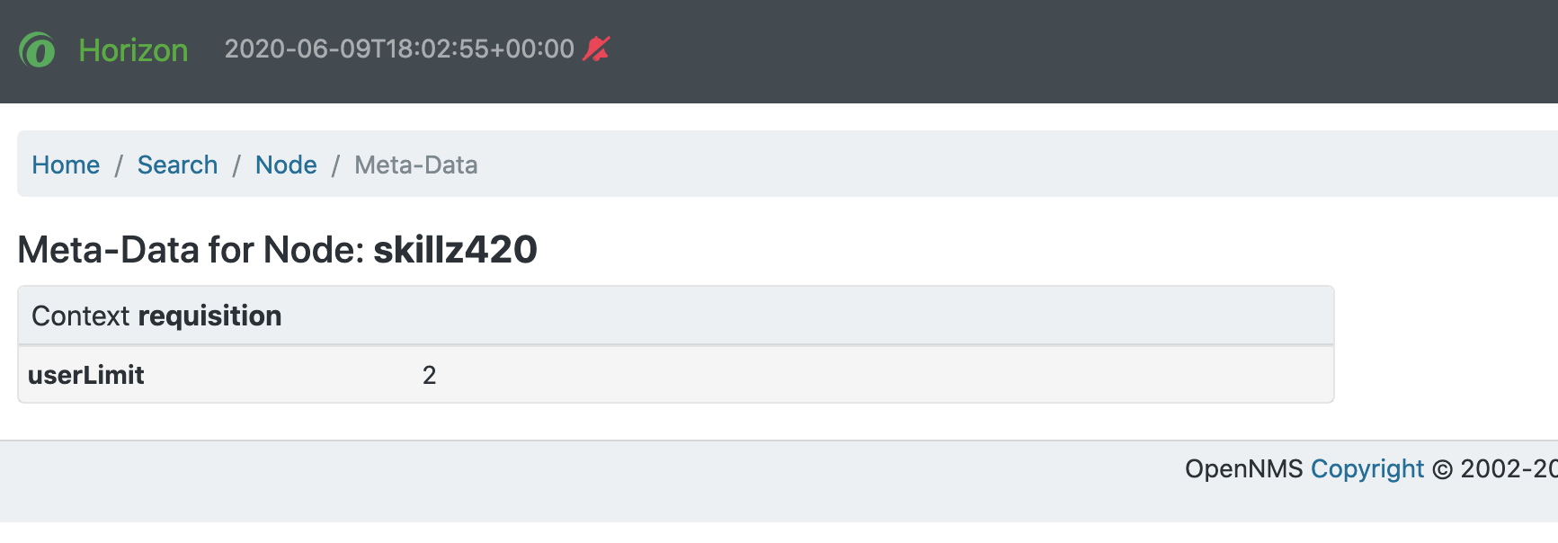 Meridian web UI showing a node’s associated metadata