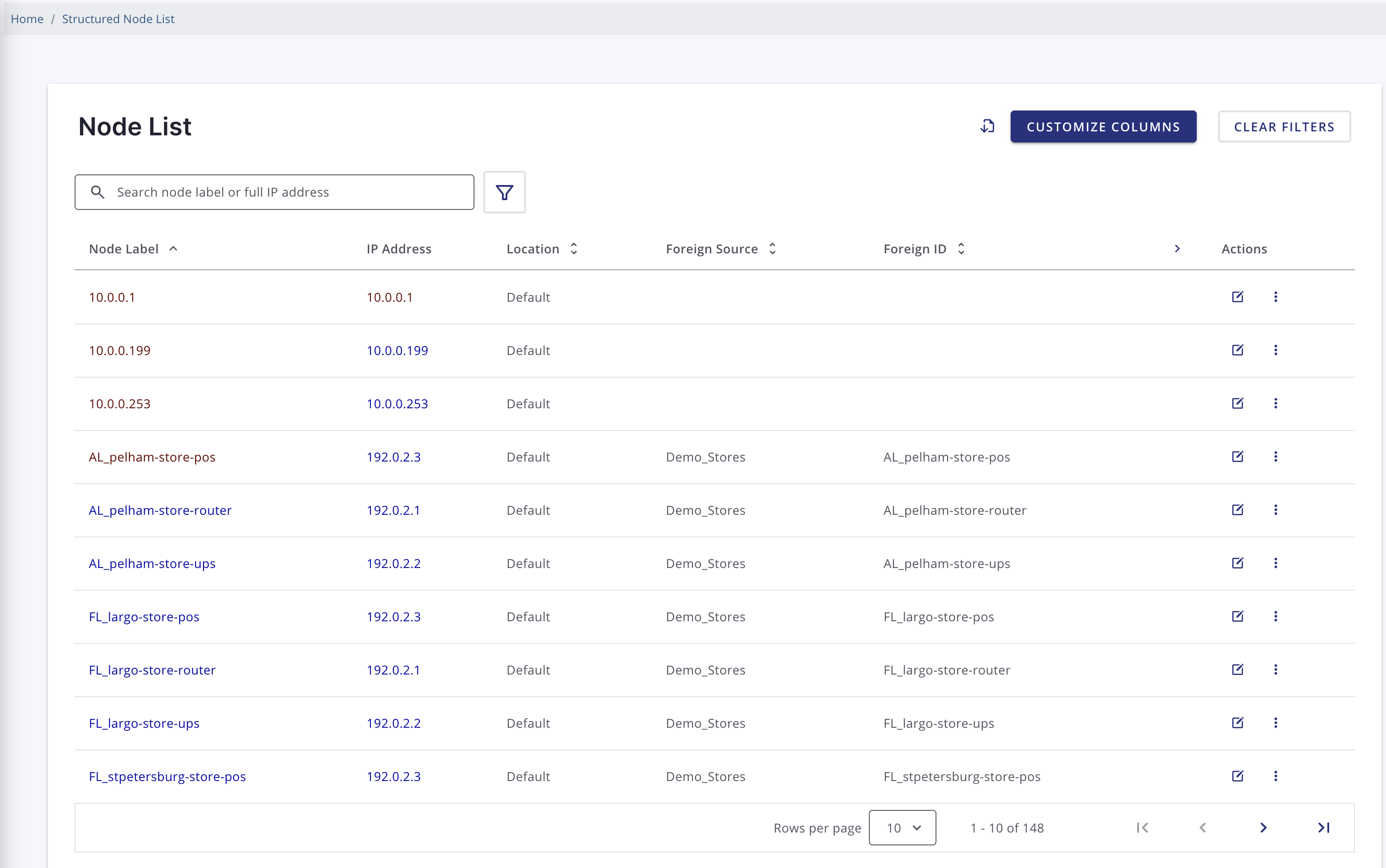 Meridian web UI showing structured node list.