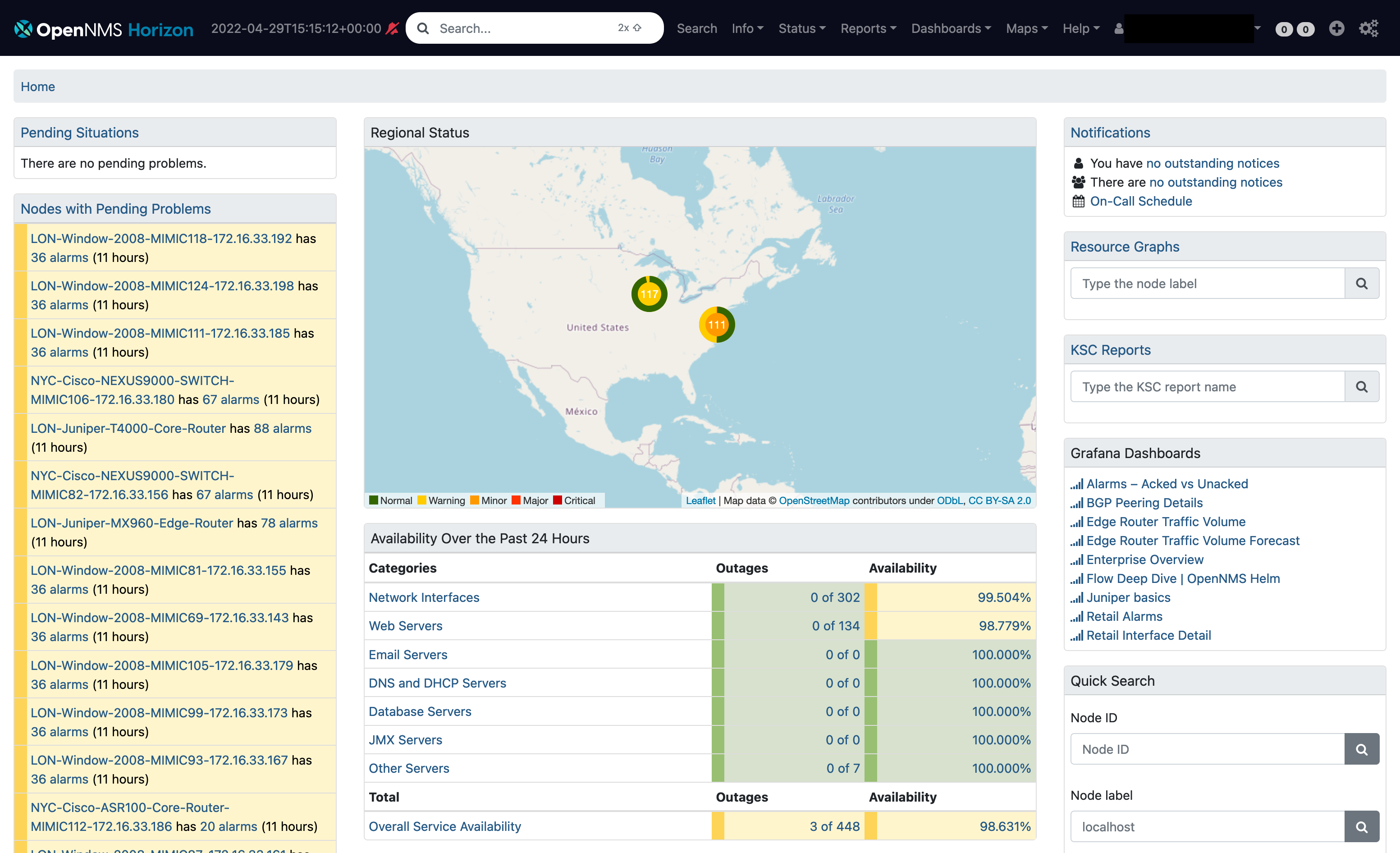 Meridian home page displaying Grafana dashboard components.