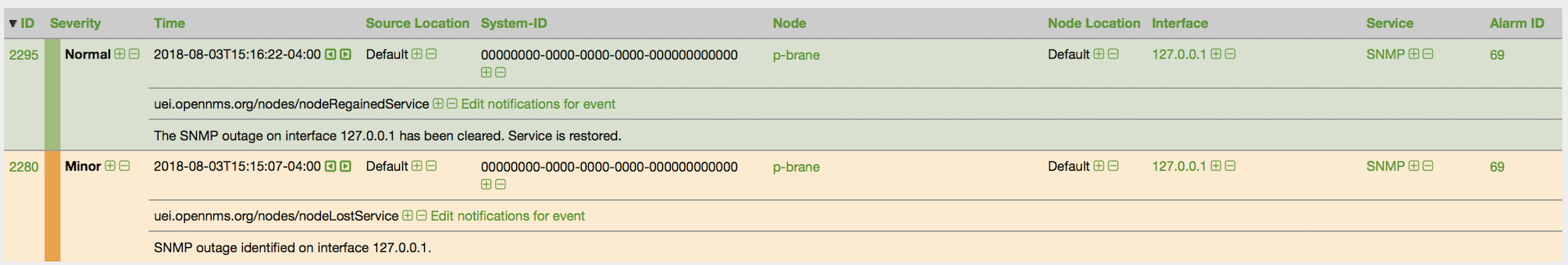 Event list page displaying one service down event and one service restored event