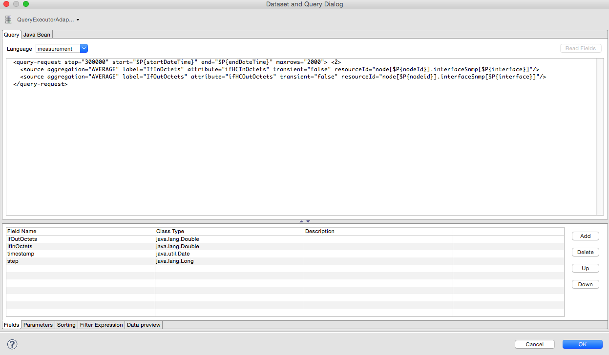 JasperSoft Studio UI displaying the Dataset and Query dialog.