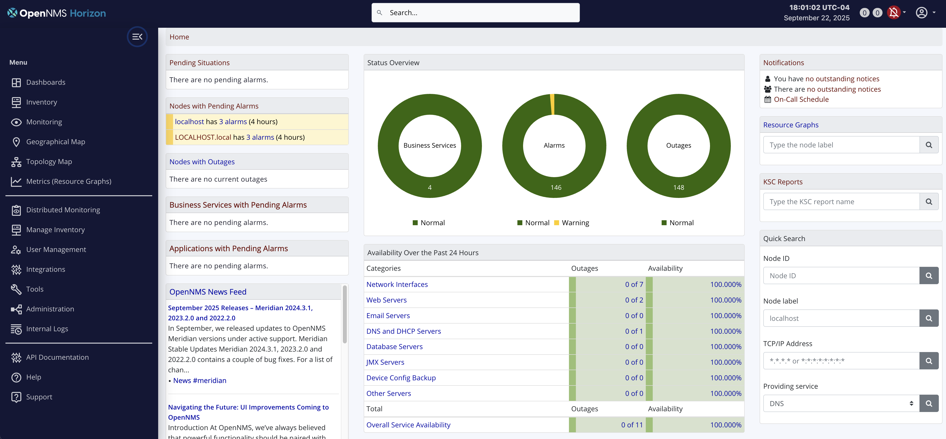 Meridian web UI showing the top and side menus with menu expanded.