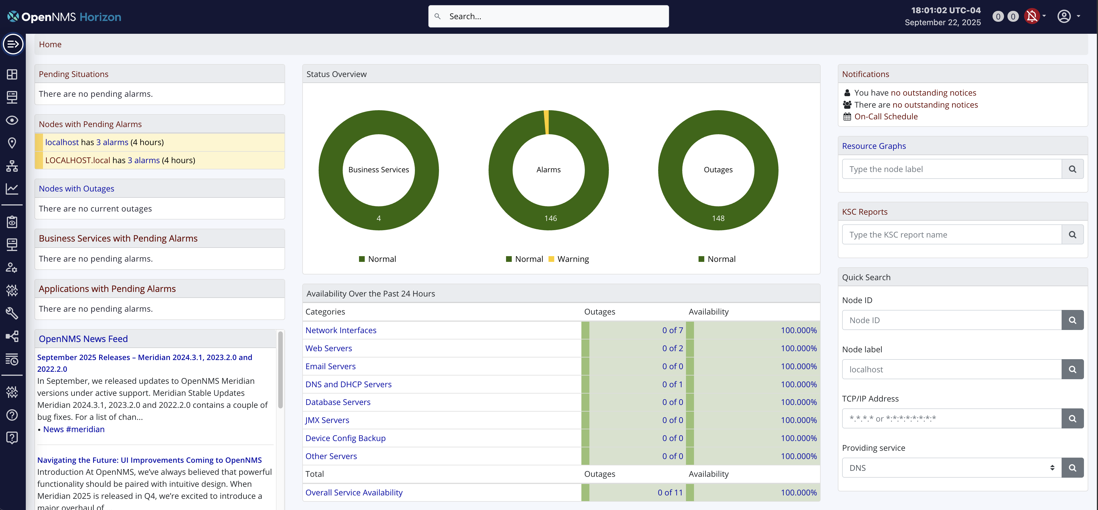 Meridian web UI showing the top and side menus.