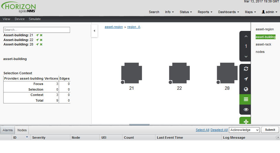 Meridian UI displaying the Buildings layer of a topology graph